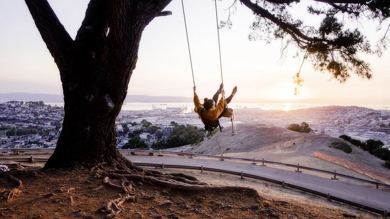 tree, swing, girl, nature, view, 4k