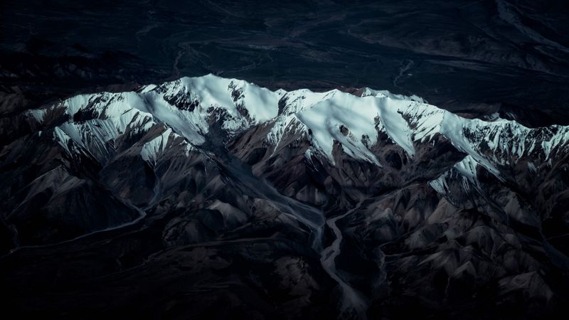 mountains, peaks, aerial view, snow, relief, 4k