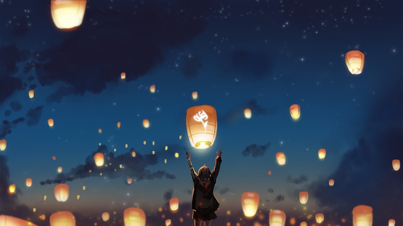anime, lantern, clouds, stars, hd, artist, artwork, digital art