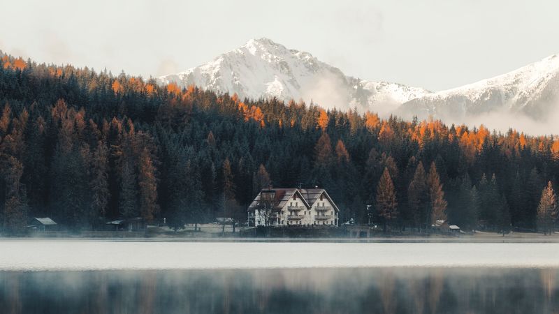 lake, coast, house, forest, mountains, nature, 4k