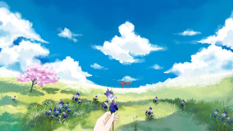 hand, flowers, lawn, torii, 4k