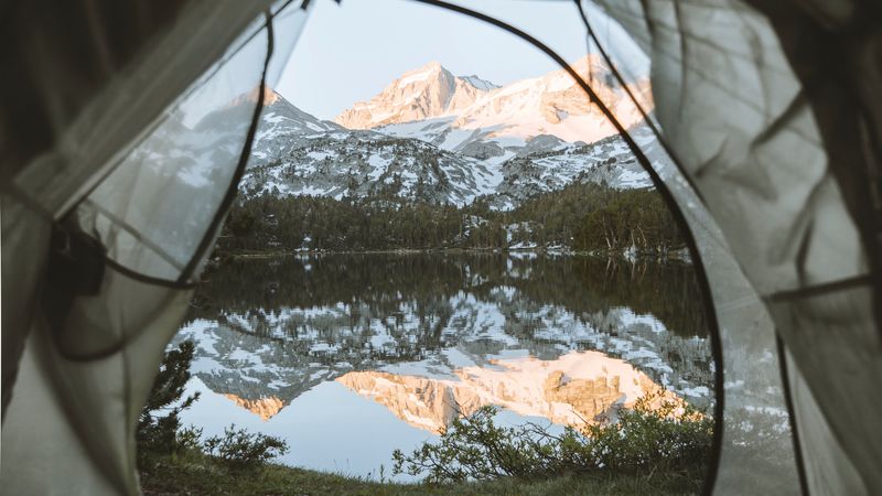 tent, mountains, lake, view, nature, 4k