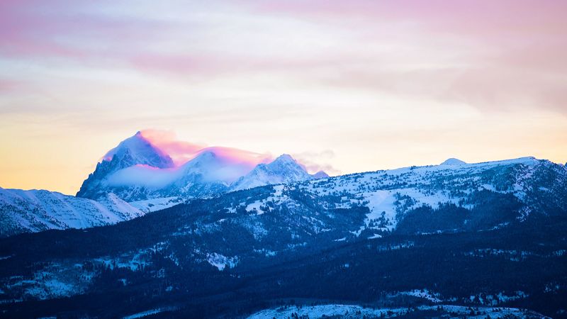 mountains, peaks, clouds, slopes, snowy, landscape, 4k