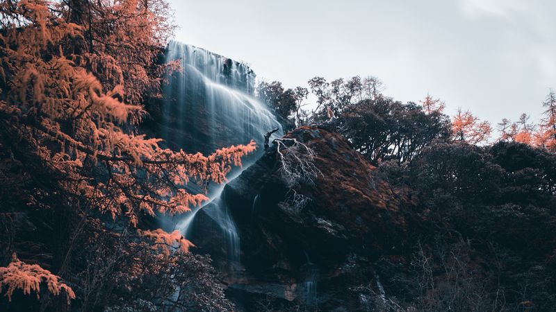 waterfall, river, cliff, water, stones, trees, 4k