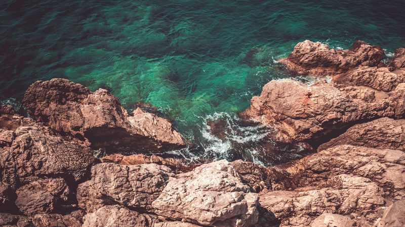 rocks, water, aerial view, coast, sea, 4k