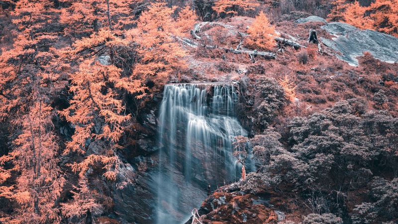 waterfall, river, trees, rocks, aerial view, 4k