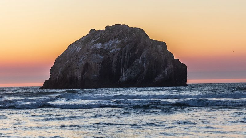 island, rock, sea, waves, dusk, landscape, 4k