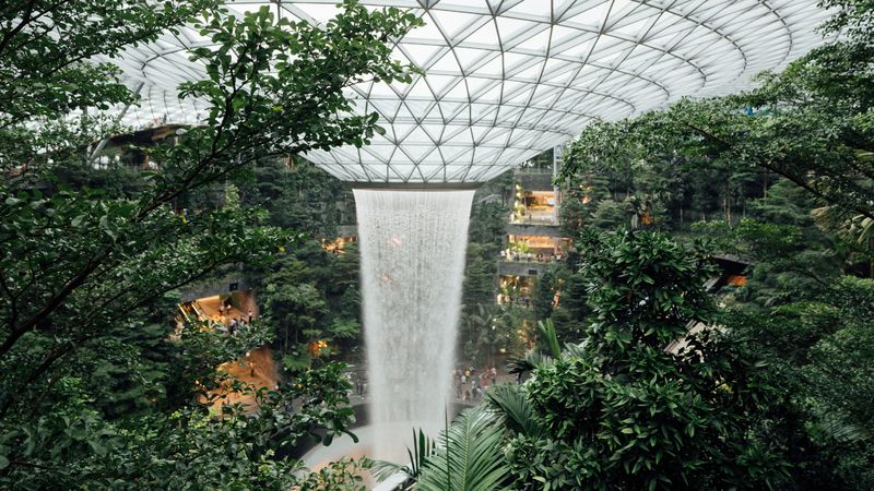 greenhouse, dome, fountain, plants, architecture, building, 4k