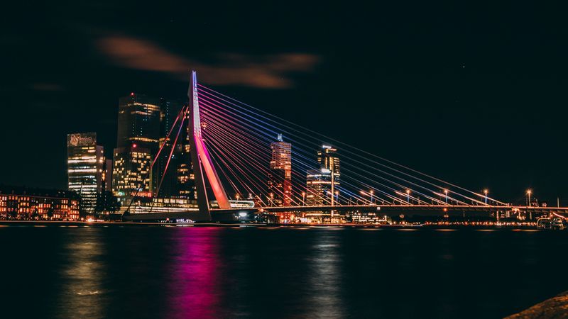 night city, buildings, bridge, dark, lights, coast, 4k