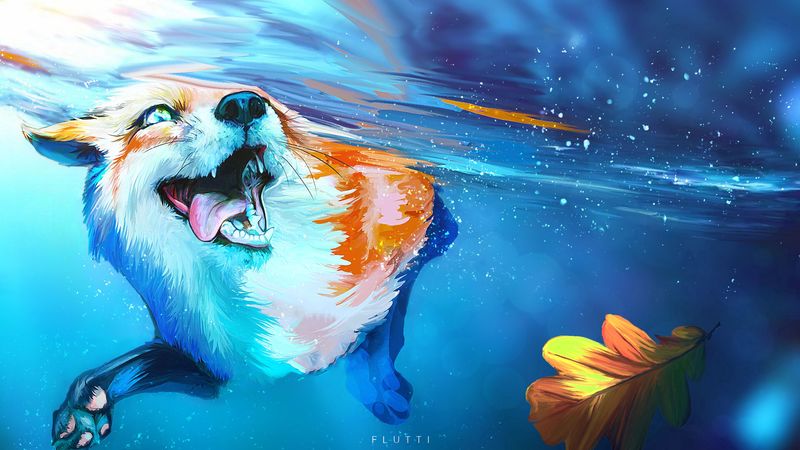 fox, tongue protruding, water, under water, swim, art, 4k