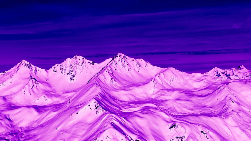 mountains, peaks, aerial view, purple, snow, dusk, 4k
