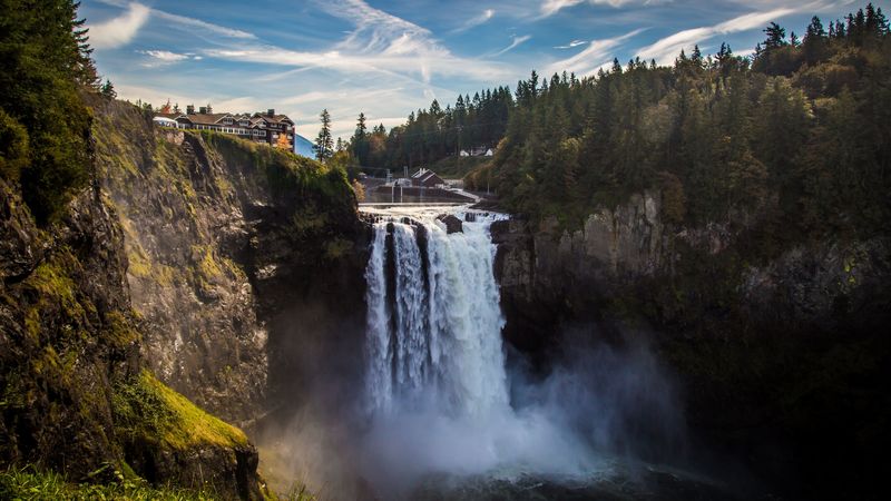waterfall, cliff, water, spray, landscape, 4k