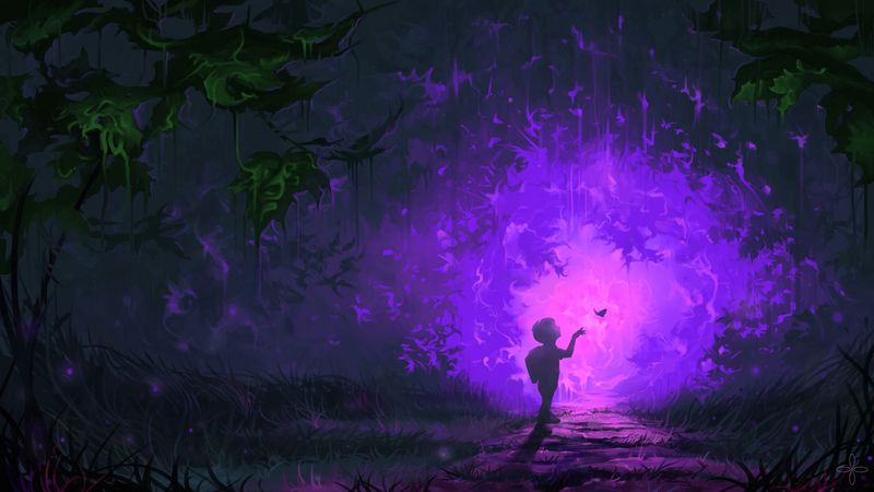 child, butterfly, portal, forest, fantastic, art, 4k