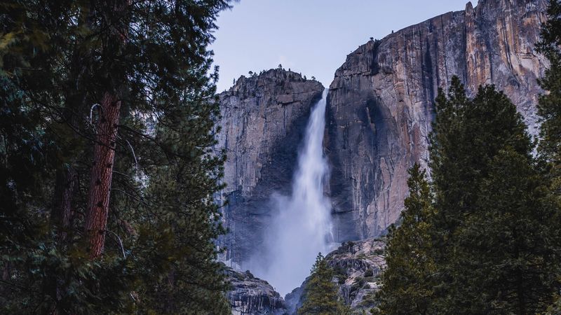 waterfall, cliff, trees, stones, nature, 4k
