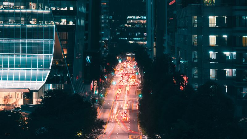 night city, street, aerial view, road, buildings, lights, 4k