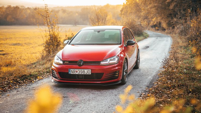 volkswagen golf gti, volkswagen, car, red, front view, road, nature, 4k