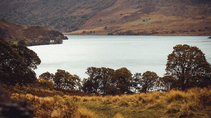 lake, mountains, hills, trees, landscape, 4k