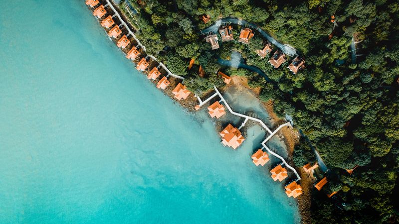 sea, bungalow, aerial view, beach, trees, 4k