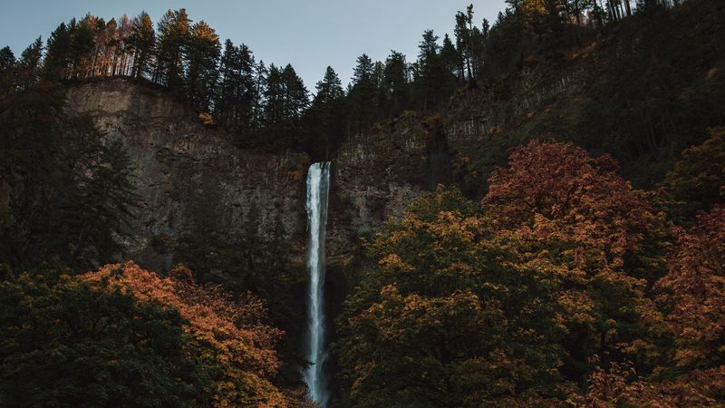 waterfall, cliff, trees, landscape, 4k
