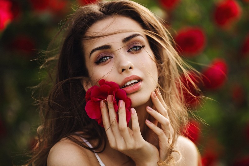 girls, green eyes, model, hd, flowers, outdoors