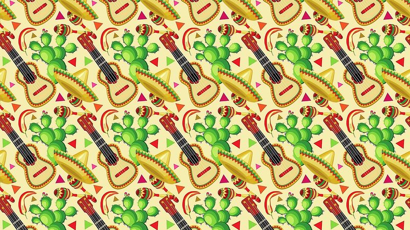 sombrero, guitar, cactus, pattern, mexican, 4k