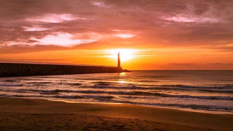 lighthouse, sea, sunset, dusk, coast, 4k