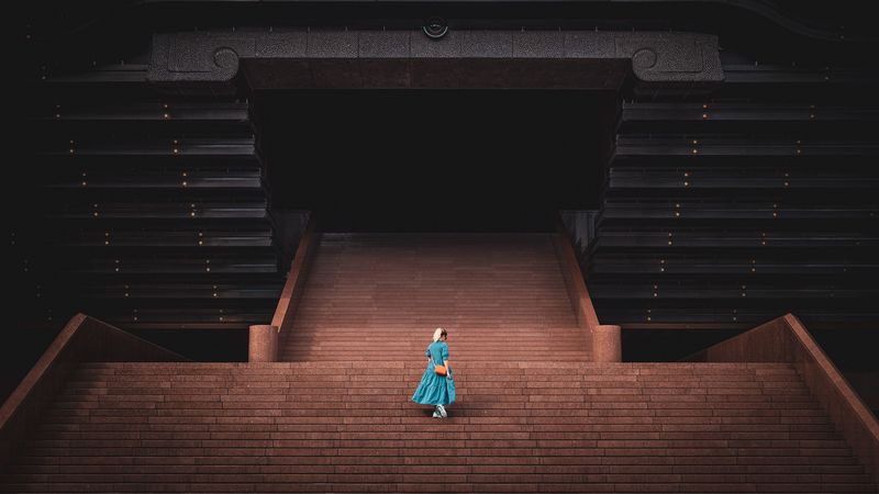girl, stairs, building, architecture, aerial view, 4k