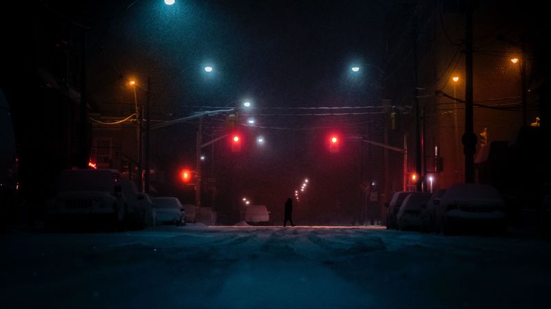 street, silhouette, dark, night, snow, 4k