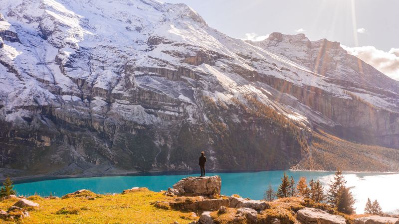 mountains, lake, man, loneliness, landscape, nature, 4k