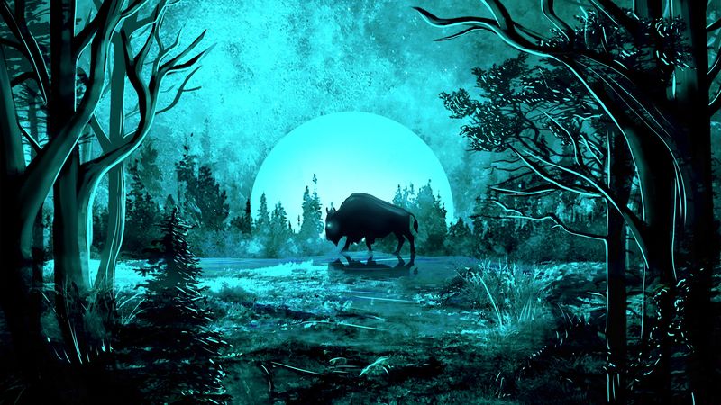 bison, moon, night, light, art, 4k
