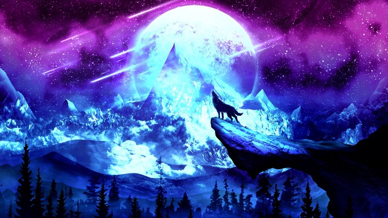 wolf, moon, night, mountains, art, 4k