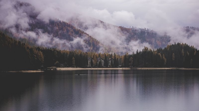 lake, shore, mountains, clouds, trees, landscape, 4k