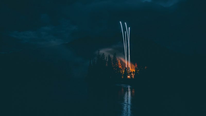 fireworks, night, dark, shore, lake, 4k
