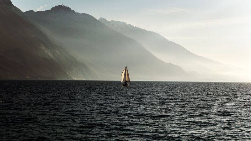 sailboat, sea, mountains, fog, waves, 4k