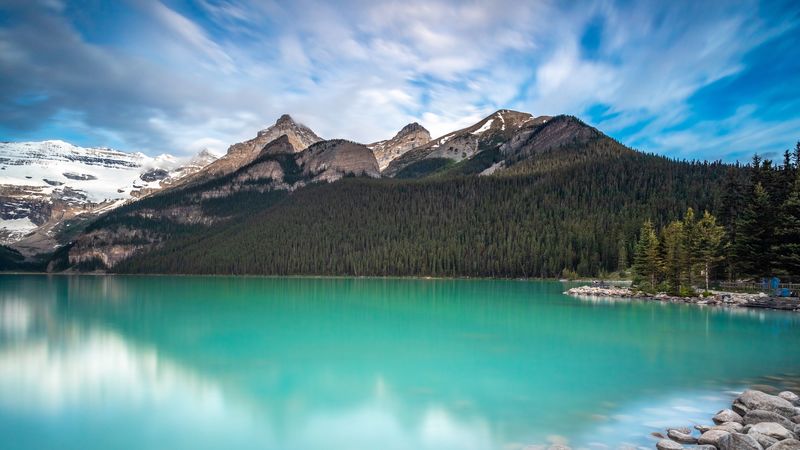 lake, shore, mountains, forest, landscape, 4k