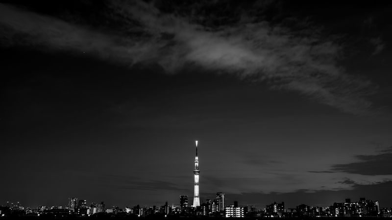 night city, buildings, architecture, panorama, dark, bw, 4k