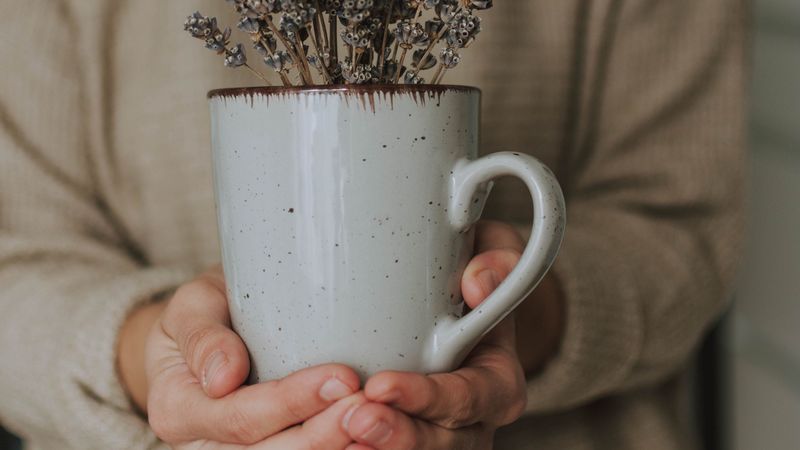 mug, lavender, flowers, hands, 4k