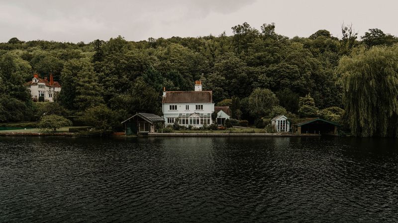 lake, house, buildings, shore, trees, nature, 4k