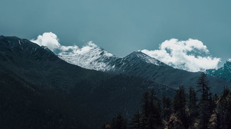 mountains, peaks, clouds, trees, landscape, 4k