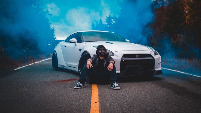 man, gas mask, car, smoke, cloud, 4k