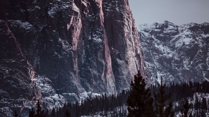 mountains, rocks, trees, snowy, landscape, 4k