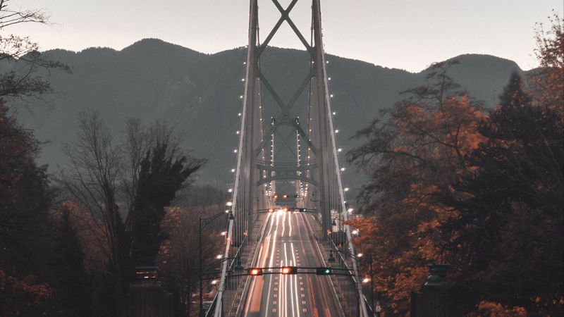 bridge, road, aerial view, mountains, long exposure, 4k
