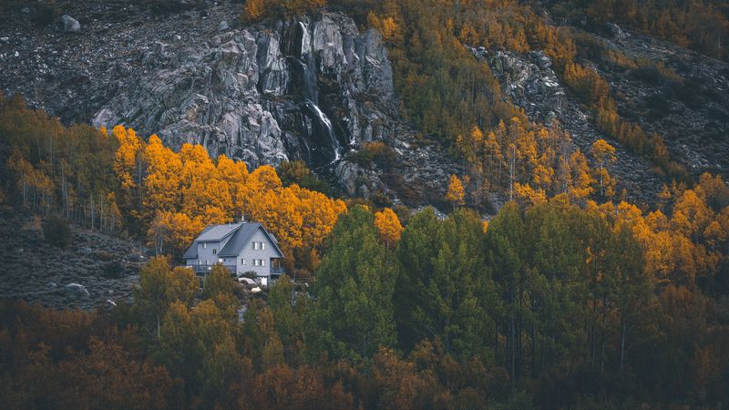 house, mountains, forest, rocks, trees, 4k