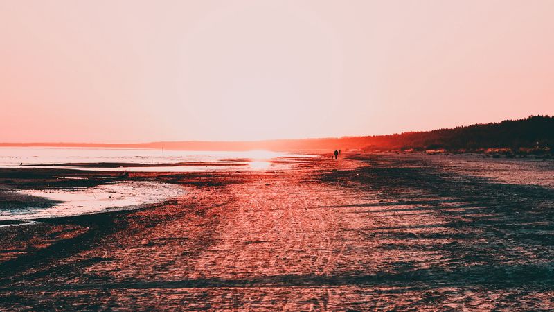 beach, sunset, dusk, coast, sea, 4k