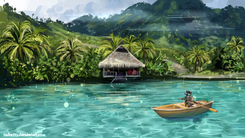 raccoon, boat, water, funny, art, 4k