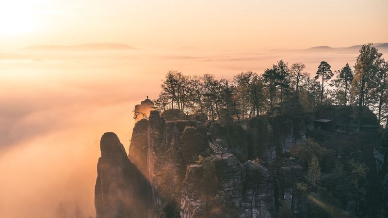 mountains, rocks, fog, trees, nature, 4k