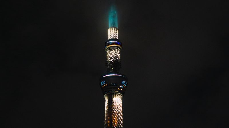 tower, building, night, fog, lights, 4k