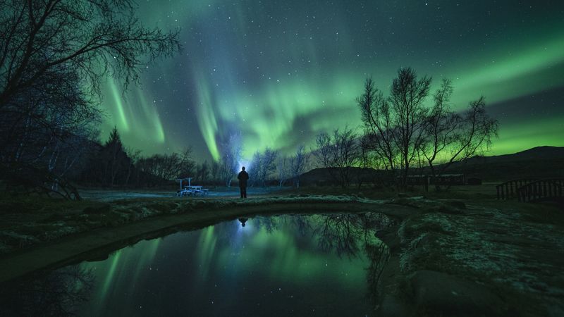 northern lights, aurora, night, silhouette, dark, 4k