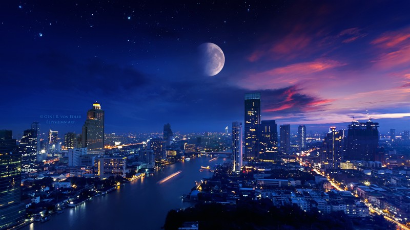 city, lights, moon, photography, deviantart, hd, 4k