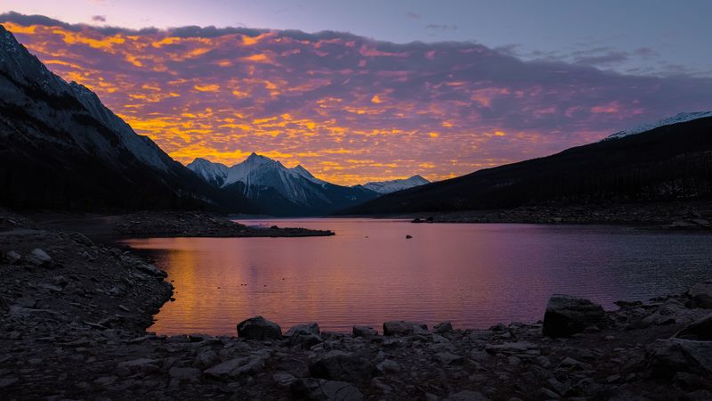 mountains, lake, sunset, stones, clouds, 4k